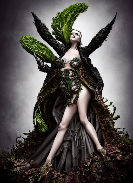 Image similar to expressive full body photo of demoness, dress made of cabbages, glamour shot, by karol bak, stefan gesell, photorealistic, nikon d 4 x, fashion photography, hyper maximalist, elegant, ornate, luxury, elite, environmental portrait, symmetrical features, octane render, unreal engine, solid dark grey background, dramatic lights