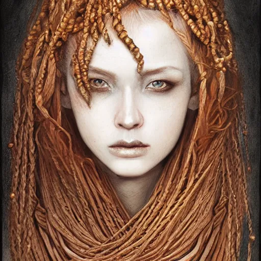 Image similar to portrait of a Shibari rope wrapped face and neck, headshot, insanely nice professional hair style, dramatic hair color, digital painting, of a old 13th century, traveler, amber jewels, baroque, ornate clothing, scifi, realistic, hyperdetailed, chiaroscuro, concept art, art by Franz Hals and Jon Foster and Ayami Kojima and Amano and Karol Bak,