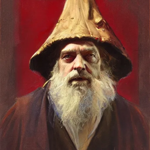 Image similar to Solomon Joseph Solomon and Richard Schmid and Jeremy Lipking victorian genre painting portrait painting of a old rugged actor wizard wearing a wizard hat and robe from the hobbit , red background