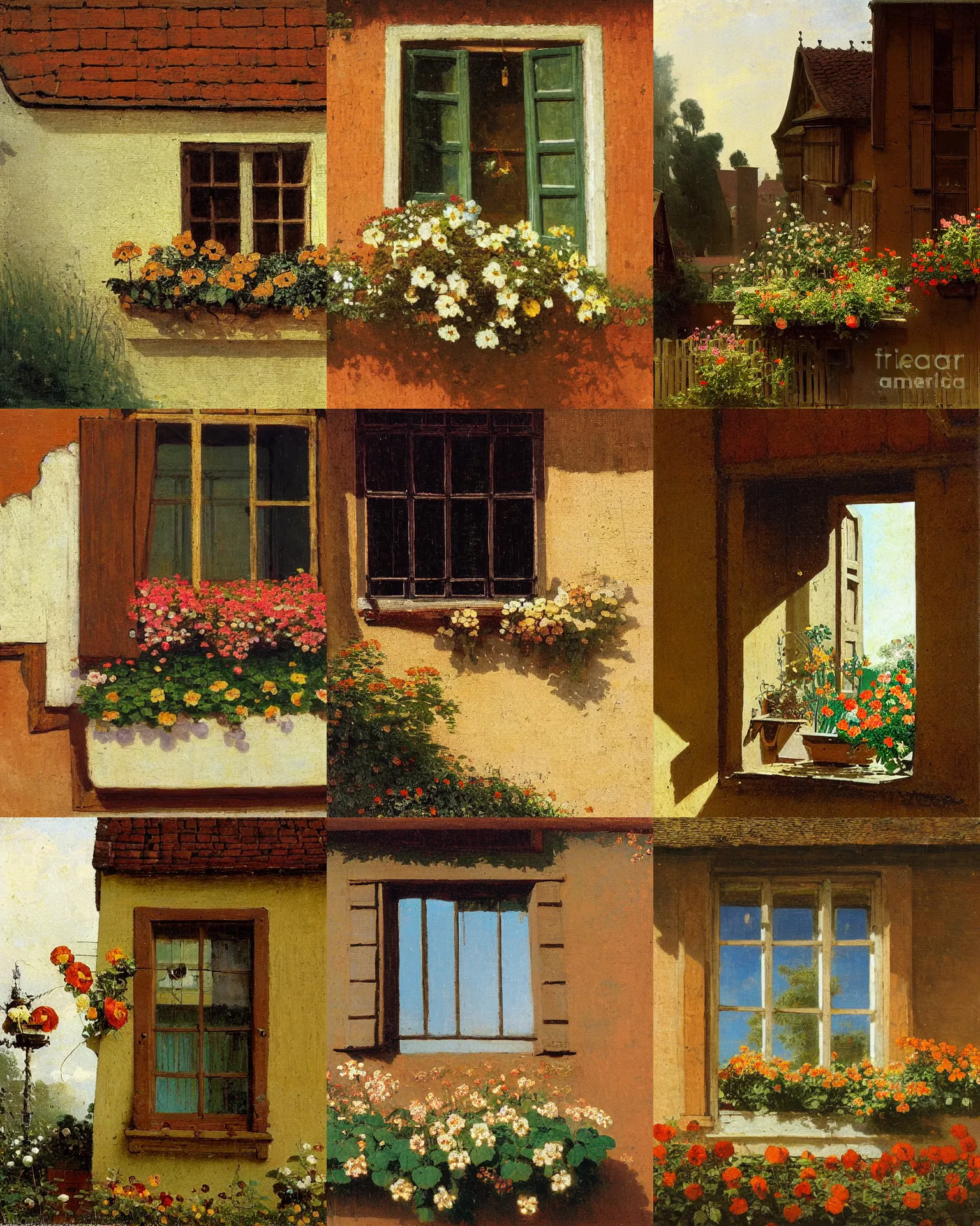 Prompt: window with flower box, timbered house with bricks, sunny, peaceful, by carl spitzweg, frontal close up