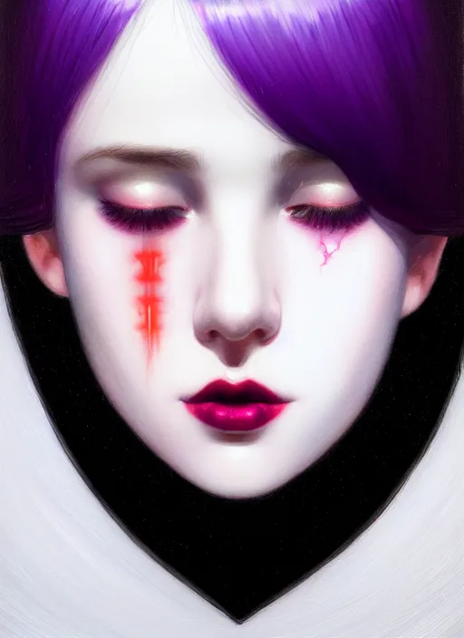 Image similar to portrait of pale teenage girl, red irises, black hair, white bangs, purple lipstick, white bangs, bangs, intricate, elegant, glowing lights, highly detailed, digital painting, artstation, concept art, smooth, sharp focus, illustration, art by wlop, mars ravelo and greg rutkowski