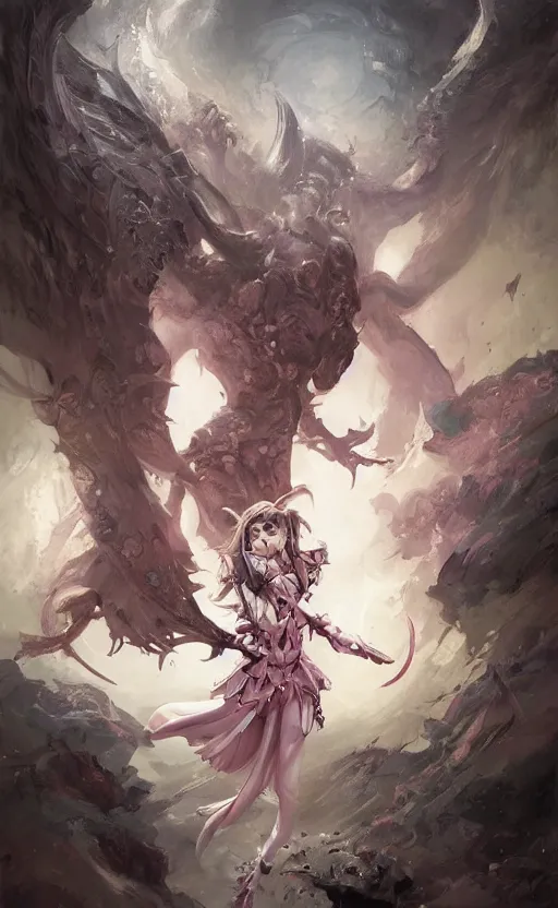 Image similar to side portait of magical girl fighting a monster, inside castle of cards, magic effects, symmetrical face features, front game card, drark, marvel comics, dark, intricate, highly detailed, smooth, artstation, digital illustration by ruan jia and mandy jurgens and artgerm and wayne barlowe and greg rutkowski and zdislav beksinski