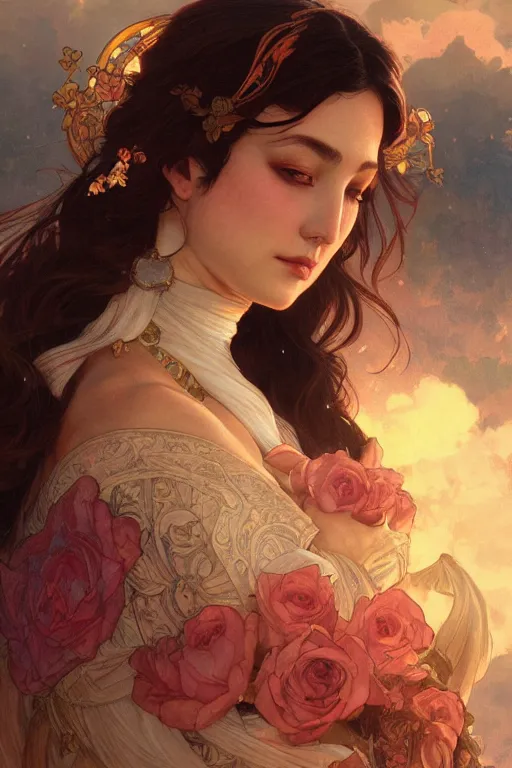 Image similar to close up portrait of goddes of rose, digital illustration, dramatic lighting, by artgerm and greg rutkowski and alphonse mucha