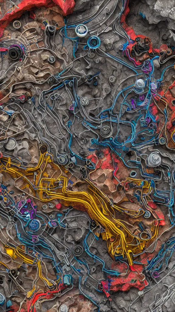 Prompt: 3D full color xray of the complex magical machine embedded within the mountain, colourful sedimentary and igneous rock and marble, rock textures industrial machinery, pistons, pipes and valves, wires, circuitry. 8k 3D geology