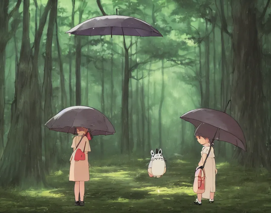 Image similar to A female Retzling with short blond air, standing with big Totoro at a japanese bus stop, holding an umbrella, in the dark forest, rainy night, film screenshot, Studio Ghibli, Hayao Miyazaki,trending on artstation,