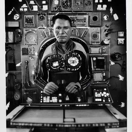 Prompt: portrait of Iroquois warrior standing in front of a space ship command center, cockpits with a lot of buttons, complex machinery, space ship interrior nostromo style, ornaments and tribal decorations, black and white old photo, vintage