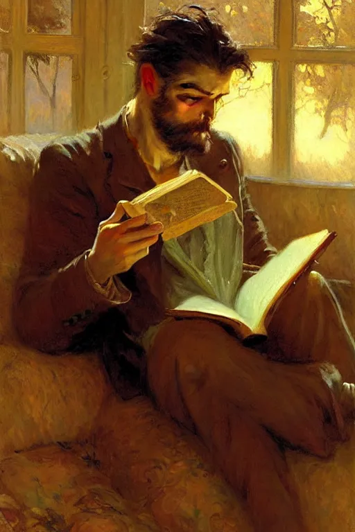 Image similar to attractive man reading books at night, painting by gaston bussiere, craig mullins, greg rutkowski, alphonse mucha