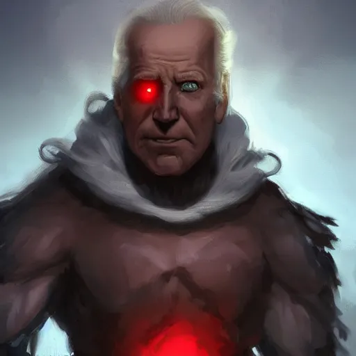 Prompt: Huge Joe Biden with glowing eyes, thunderstorm. Fantasy concept art, best of ArtStation