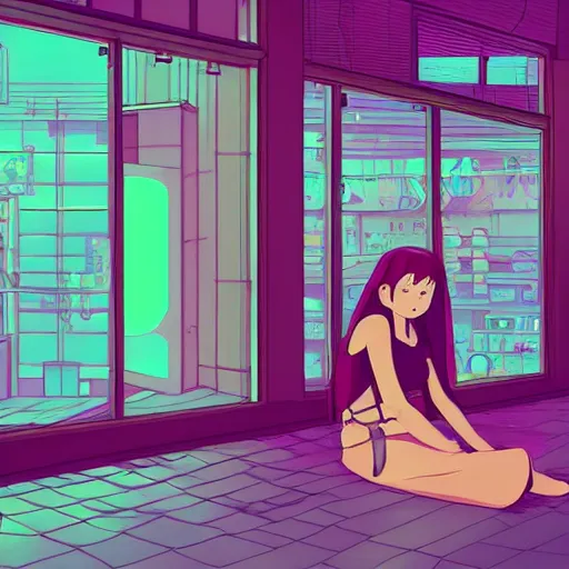 Image similar to cyberpunk girl sitting inside an empty store being looked at through the window in the style of studio ghibli, soft anime illustration, dark neon colors, soft ambience, zoomed in, backlit, lots of details