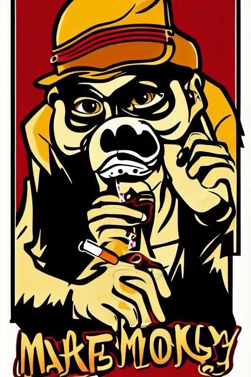 Image similar to Portrait of a Monkey with a cigarette, mafia, gangster, sticker, colorful, illustration, highly detailed, simple, smooth and clean vector curves, no jagged lines, vector art, smooth