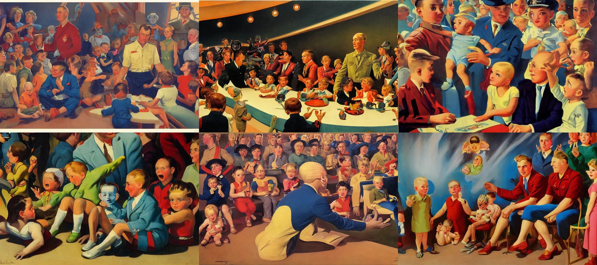Prompt: a painting of a man sitting in front of a group of alien children, an art deco painting by john philip falter, cg society, american realism, american propaganda, soviet propaganda, academic art