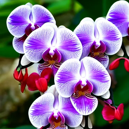 Image similar to a flower that combines the beauty and shapes of the most beautiful flowers in this world. orchids. roses. irises.