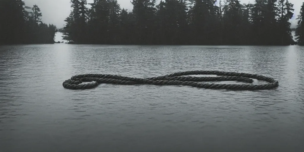 Image similar to symmetrical photograph of an infinitely long rope submerged on the surface of the water, the rope is snaking from the foreground towards the center of the lake, a dark lake on a cloudy day, trees in the background, moody scene, dreamy kodak color stock, anamorphic lens