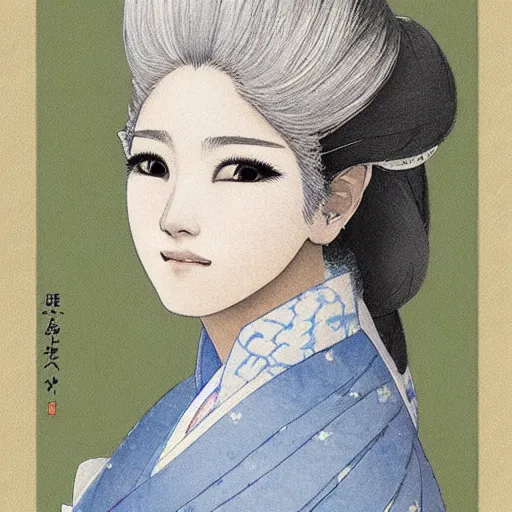 Prompt: Portrait of a japanese princess young lady, with white hair!!!! beauty artwork by Akihiko Yoshida