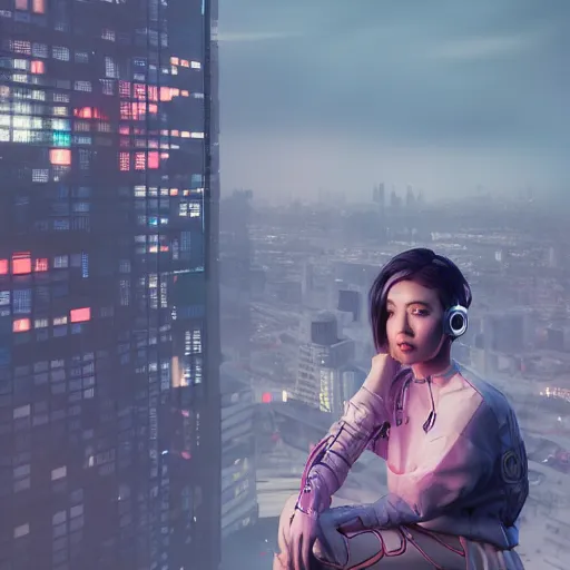 Image similar to portrait of a young cyberpunk woman on top of a building overlooking a city, a view from behind, intricate artwork by tooth wu and wlop and beeple, octane render, hyper realism, 8 k