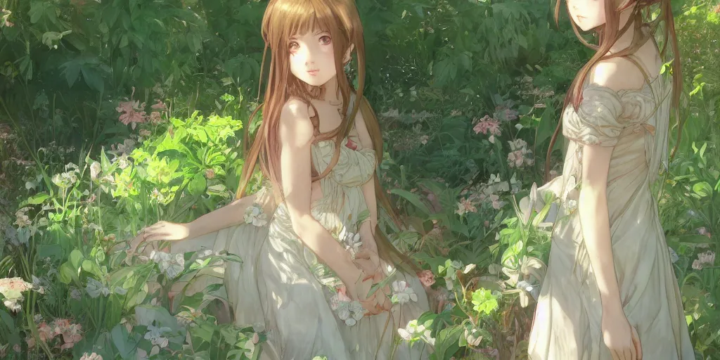 Image similar to a digital art of a loli with long hair in a dress in the privet garden at after noon, green and warm theme, by krenz cushart and mucha and akihito yoshida and greg rutkowski and makoto shinkai, long shot, back lighting, detailed eyes, 4 k resolution, trending on art station
