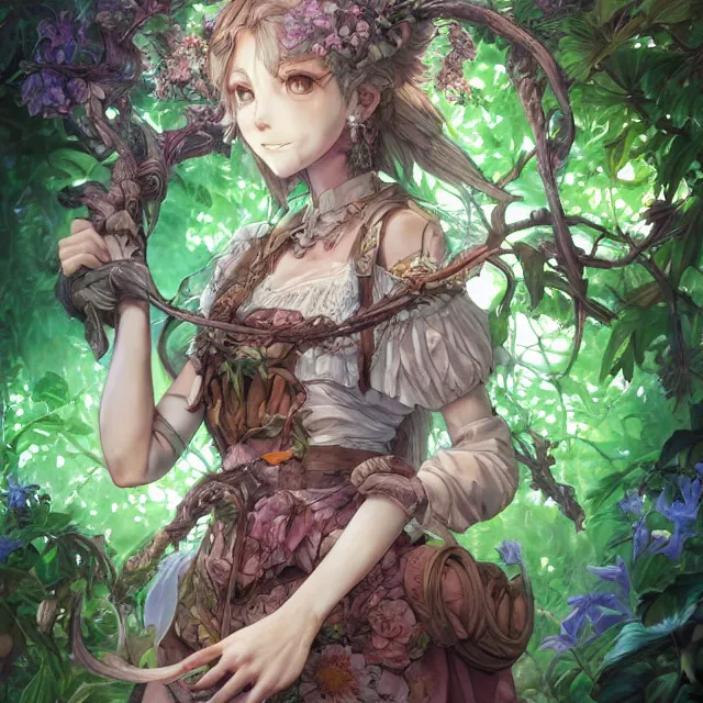 Image similar to the portrait of chaotic good female druid botanist as absurdly beautiful, gorgeous, elegant, young anime girl, an ultrafine hyperdetailed illustration by kim jung gi, irakli nadar, intricate linework, sharp focus, bright colors, octopath traveler, final fantasy, unreal engine 5 highly rendered, global illumination, radiant light, detailed and intricate environment