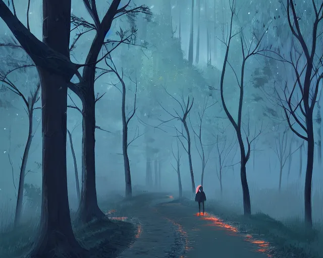 Prompt: haunting wooded trail at night with twisting trees and dim glowing torches, cobblestone trail, makoto shinkai, alena aenami, photorealism