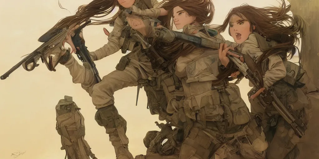 Prompt: soldier girl, ground explosion, anime style, long hair, hair down, symmetrical facial features, under heavy fire, hyper realistic, pale skin, 4 k, rule of thirds, extreme detail, detailed drawing, trending artstation, hd, fantasy, d & d, realistic lighting, by alphonse mucha, greg rutkowski, sharp focus, backlit, soldier clothing