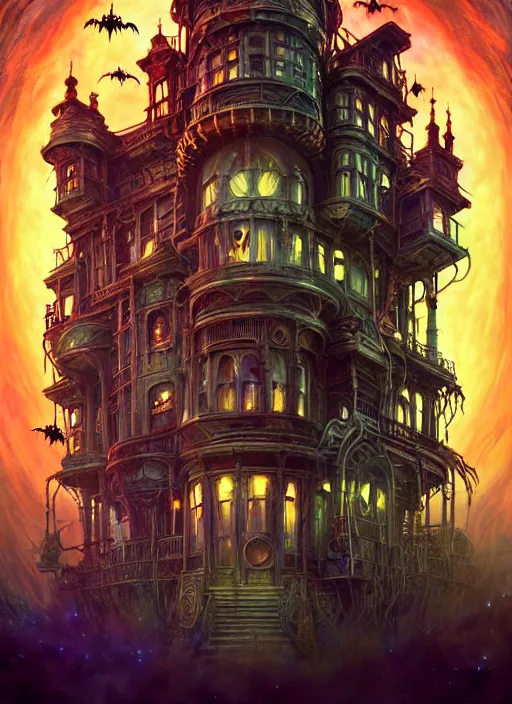 Prompt: hyper detailed ultra sharp of a steampunk sci - fi haunted halloween megastructure house trending on artstation, warpaint aesthetic, earthwave, colorful, psychedelic, ornate, intricate, digital painting, concept art, smooth, sharp focus, illustration, art by artgerm and greg rutkowski and h. r. giger, 8 k