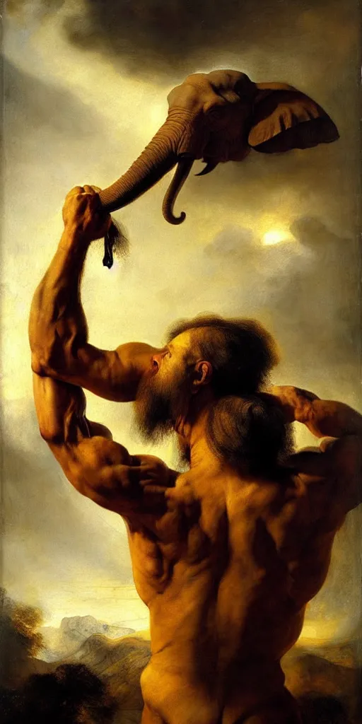 Prompt: muscular human with elephant head is a barbarian hunter , strong sun backlight sunrays body , extreme very textured detailed portrait oil painting by rembrandt, dramatic clouds and atmosphere
