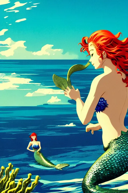 Prompt: mermaid, above the sea, sunny day, scenery wallpaper aesthetic, beautiful, cinematic, dramatic, super detailed and intricate, hyper realistic, 4 k render, by hiroshi yoshida, by darwyn cooke, by kentaro miura, by koson ohara,