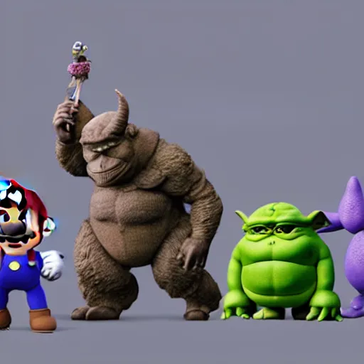 Prompt: super mario as godzilla yoda donkey kong pikachu yeti shrek fairy homer groot waluigi darth vader mike wazowski, highly detailed, extremely high quality, hd, 4 k, 8 k, professional photographer, 4 0 mp, lifelike, top - rated, award winning, cinematic, realistic, detailed lighting, detailed shadows, sharp, no blur, edited, corrected, trending