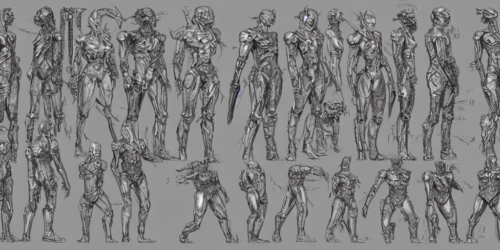 Image similar to highly detailed character sheet, technical drawing, side view, human game protagonist designs, side - scrolling 2 d platformer, art by h. r. giger, kim jung gi and jonathan wayshak