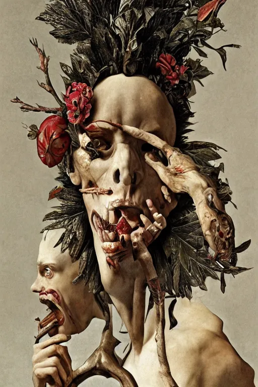 Image similar to Detailed maximalist portrait a Greek god with large lips and with large white eyes, exasperated expression, fight pose, fleshy skeletal, botany, HD mixed media 3d collage, highly detailed and intricate, surreal illustration in the style of Caravaggio, dark art, baroque