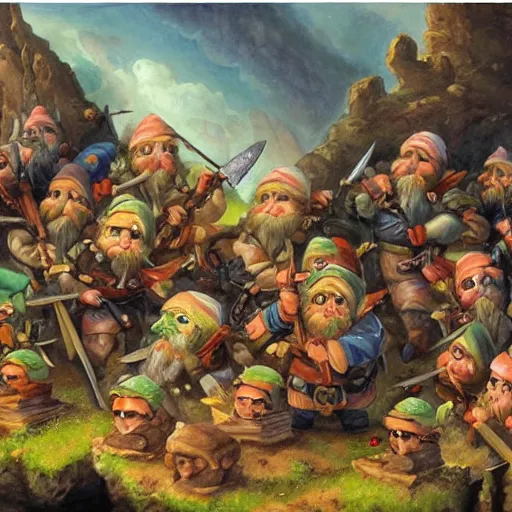 Image similar to an epic gnome battle scene, the attack of suicide dwarves, a detailed oil painting by William Byrd, the Battell style