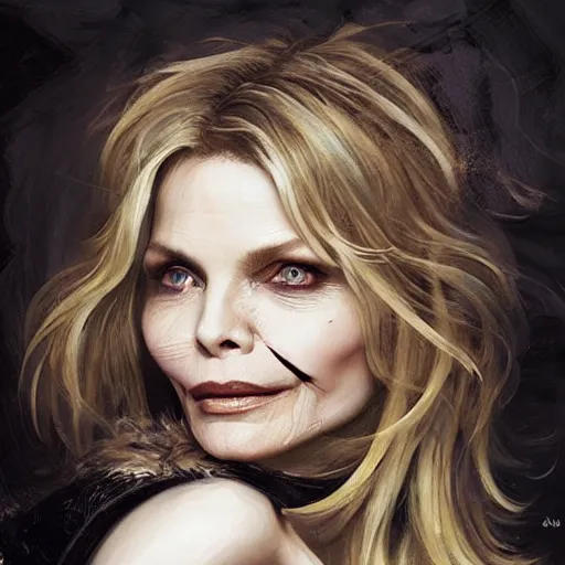 Image similar to michelle pfeiffer is the queen of the undead, portrait painting, medium shot, asymmetrical, profile picture, organic painting, sunny day, matte painting, bold shapes, hard edges, street art, trending on artstation, by huang guangjian, m and gil elvgren and sachin teng