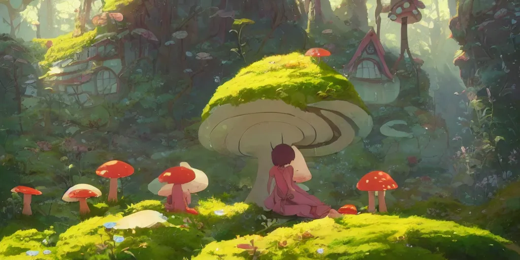 Prompt: fairy mushrooms house, moss, lianne, by cory loftis & akihiko yoshida & james gilleard & atey ghailan & makoto shinkai & goro fujita & studio ghibli, rim light, exquisite lighting, clear focus, magic atmosphere, very coherent, plain background, soft painting