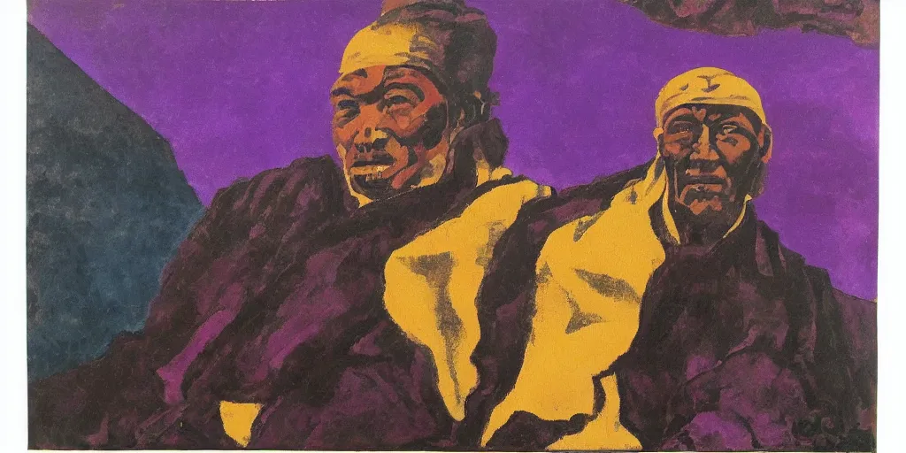 Prompt: old black man, tibet, dzo, shades of purple, oil painting by aaron douglas,