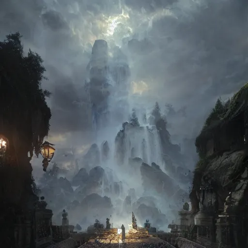 Image similar to gates of heaven, volumetric lighting, 8 k octane beautifully detailed render, post - processing, extremely hyper - detailed, intricate, epic composition, cinematic lighting, masterpiece, trending on artstation, detailed detailed detailed, masterpiece, stunning art by anders zorn, wonderful masterpiece by greg rutkowski, beautiful cinematic light,