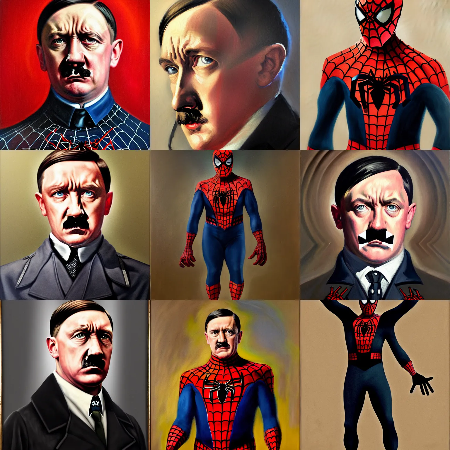Prompt: portrait of adolf hitler as spiderman, german chancellor, 1 9 3 5, spider suit, oil on canvas by william sidney mount, trending on artstation