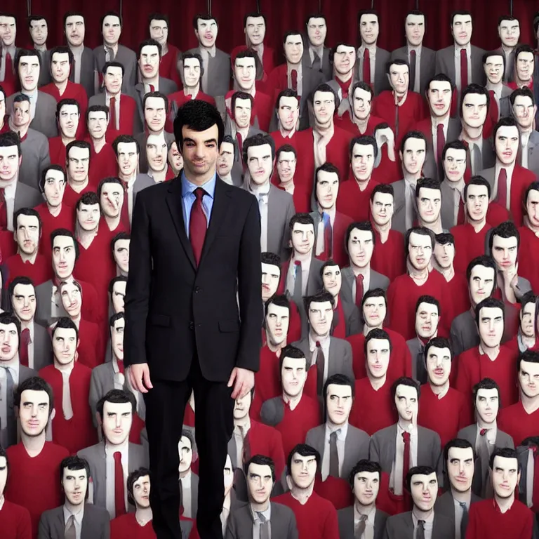 Image similar to focused dslr medium shot photograph of nathan fielder standing in front of dozens of nathan fielder clones on puppet strings from nathan for you on comedy central on a stage with a red curtain, meta, fractal, trippy, high detail!!! 8 k!!!!, photorealism!!!, sharp focus!!! coherent!!!