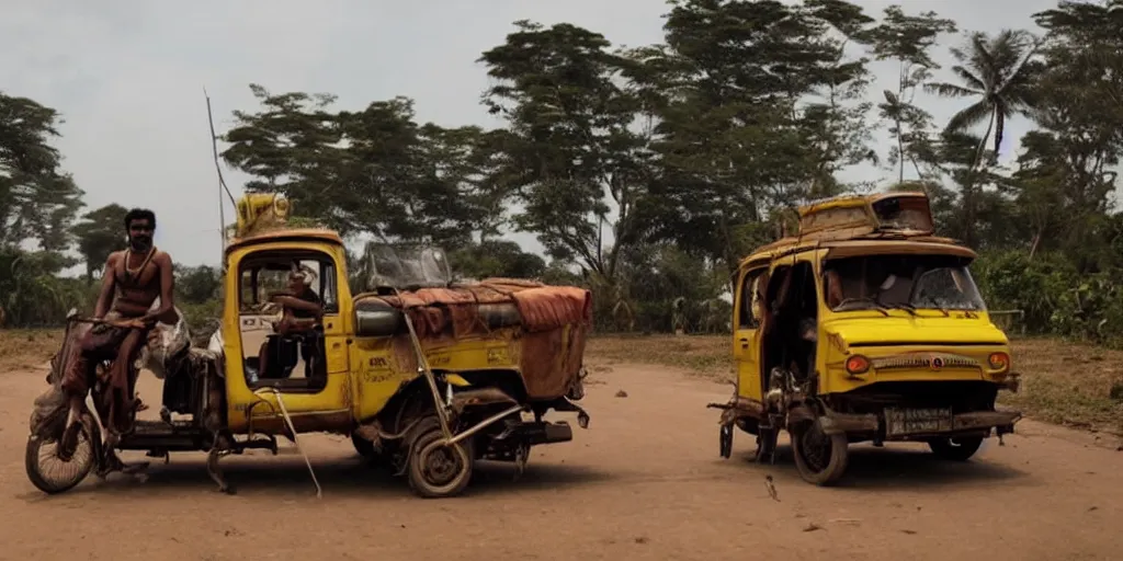 Image similar to sri lankan mad max style, driving a tuk tuk, film still, epic shot cinematography, rule of thirds