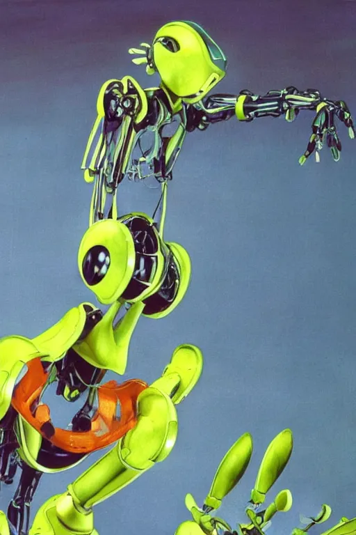 Image similar to a slim anime robot with fluo color detail, and muted arm colors, that looks like a insect, on top of a painting of plastic synthetic ionized metal flower sculptures