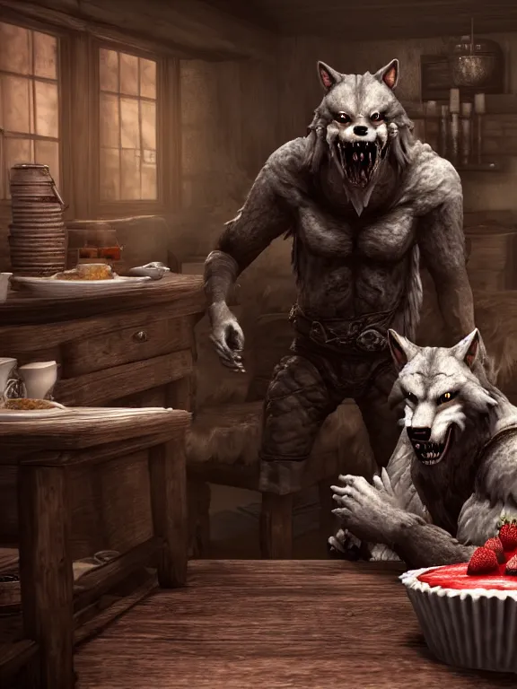 Image similar to cute handsome cuddly burly surly relaxed calm timid werewolf from van helsing sitting down at the breakfast table in the kitchen of a normal country home cooking having fun lighthearted whimsy whimsical baking strawberry tart cakes unreal engine hyperreallistic render 8k character concept art masterpiece screenshot from the video game the Elder Scrolls V: Skyrim