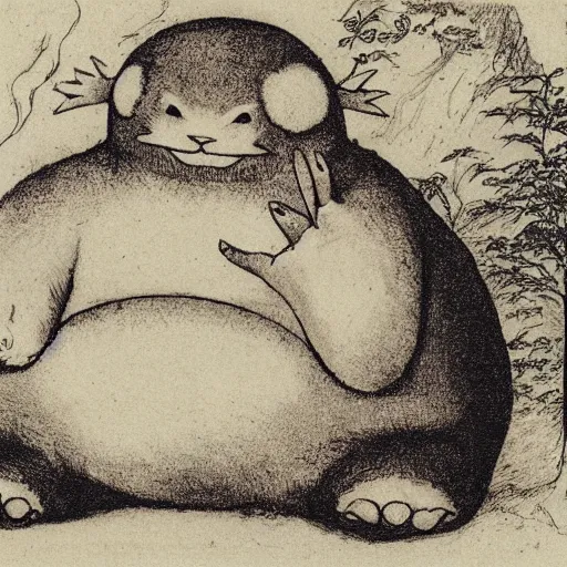 Image similar to snorlax, copperplate etching by albrecht durer