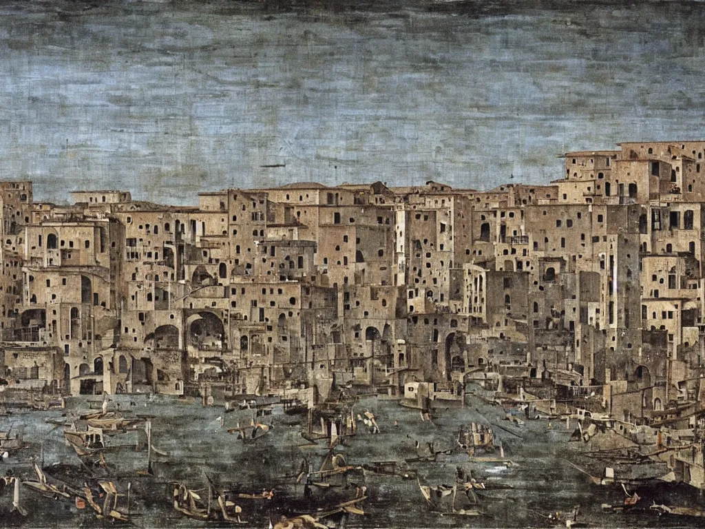 Image similar to Brutalist deserted absurd water city. Torrential rain. Painting by Bernardo Bellotto, Piero della Francesca