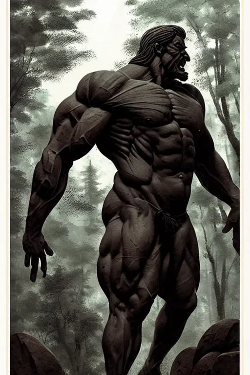 Image similar to greg rutkowski poster. ancient stone carved sculpture of a giant muscular man in the woods