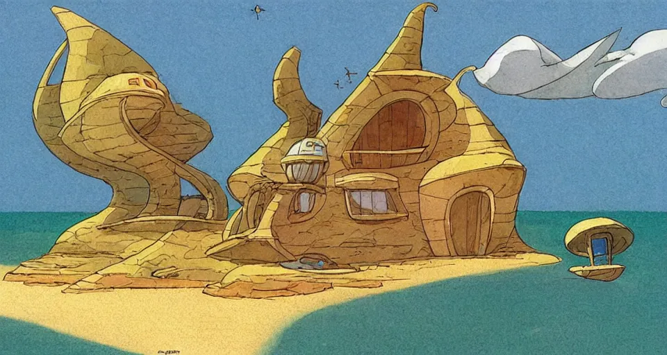 Image similar to seashell - shaped house, by moebius, ralph mcquarrie, in the style of zelda windwaker