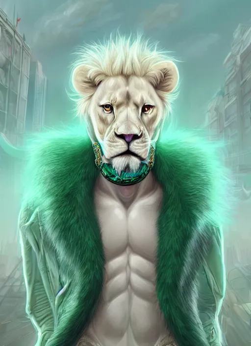Image similar to aesthetic portrait commission of a of a male fully furry muscular anthro albino lion with a tail and a beautiful attractive hyperdetailed face with a pet green snake curling around his neck, wearing stylish and creative wearing mint outfit made out of silk in a sci-fi dystopian city at golden hour while it storms in the background. Character design by charlie bowater, ross tran, artgerm, and makoto shinkai, detailed, inked, western comic book art, 2021 award winning film poster painting