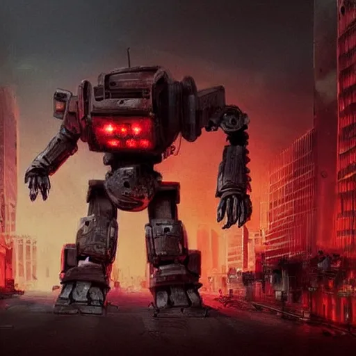 Prompt: Dreamt in `43.71s` for `!dream a bipedal military robot crushing a skull with its hands. Derelict cityscape. Red back lit. Ominous. Sci-fi film production photo. W 2048