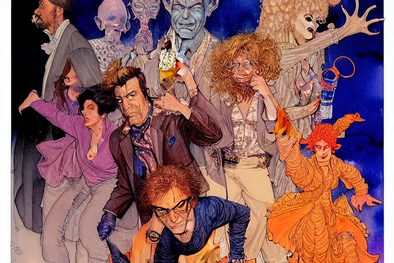 Prompt: a hyperrealist watercolour character concept art portrait of science fiction move poster, multiple characters, well lit night in las vegas, nevada. by rebecca guay, michael kaluta, charles vess and jean moebius giraud