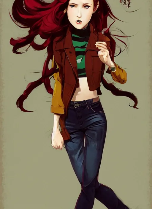 Prompt: full-body shot of an attractive tomboy girl with long, crimson red hair and red eyes, wearing a brown, open jacket and green jeans with a stern look, midriff, concept art, character design, by WLOP, by Ross Draws, by Tomine, by Satoshi Kon, by Rolf Armstrong, by Peter Andrew Jones