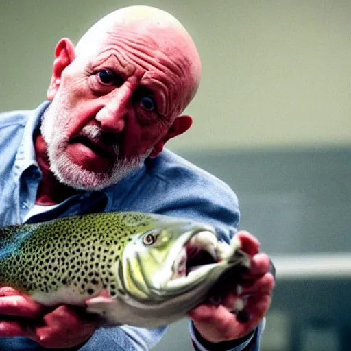 Image similar to mike ehrmantraut fighting another mike ehrmantraut holding a big trout fish big heads from breaking bad and better call saul