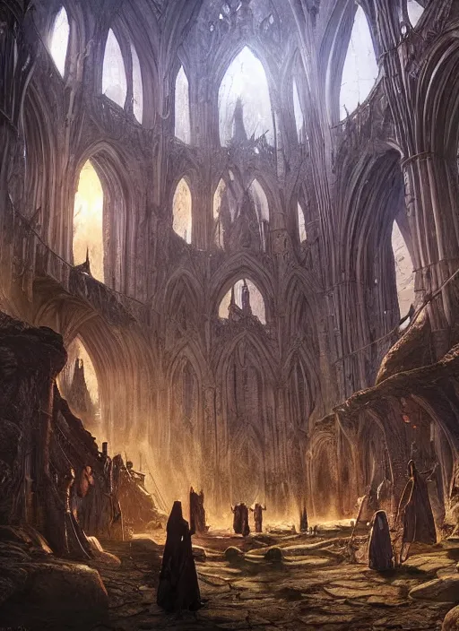 Image similar to six medieval adventurers in the shire scenery landscape, lord of the rings, inside an enormous alien cathedral, highly detailed, perfect lighting, perfect composition, 4 k, artgerm, derek zabrocki, greg rutkowski