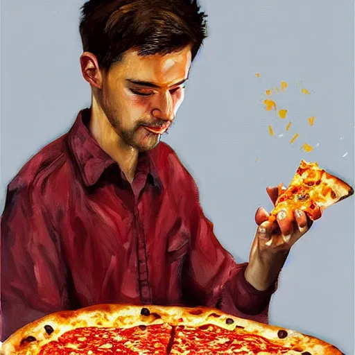 Image similar to an male person eating cheesy pizza, digital art, 3 d, oil painting,